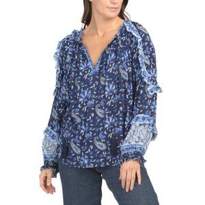 MISS JUNE Navy Paisley Ruffle Blouse